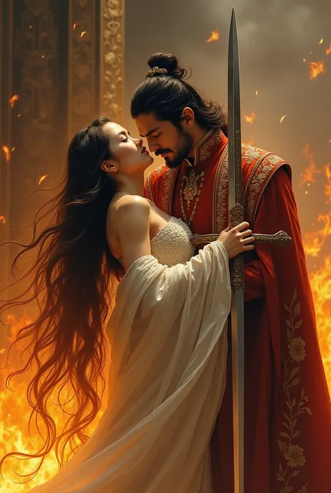 Beautiful girl with long hair dies in front of the person she loves most in the fire, she dies pierced with a sword in the arms of her beloved emperor
