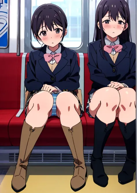 Official Anime Style、High image quality、Idol、sit in a train seat、Lace panties、Idolコスチューム、Long boots、blush