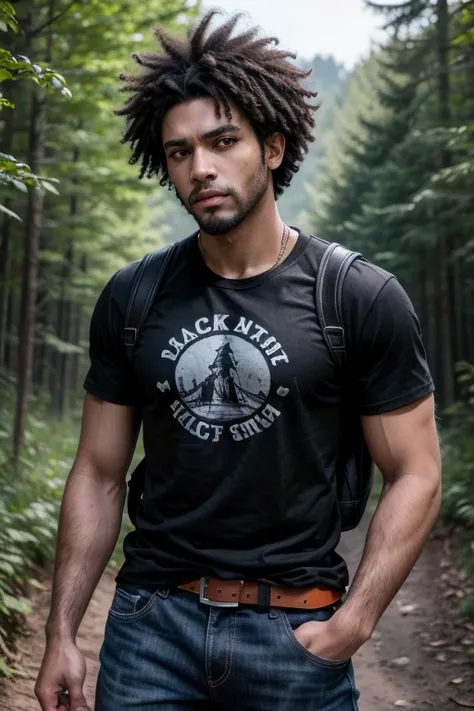 Very handsome male character of approximately 2, dark black skinned afro, brown eyes, short and messy black curly hair, short black beard, jeans, black t-shirt, orange schoolgirl jacket with black details on top, a wooden baseball bat with barbed wire wrap...