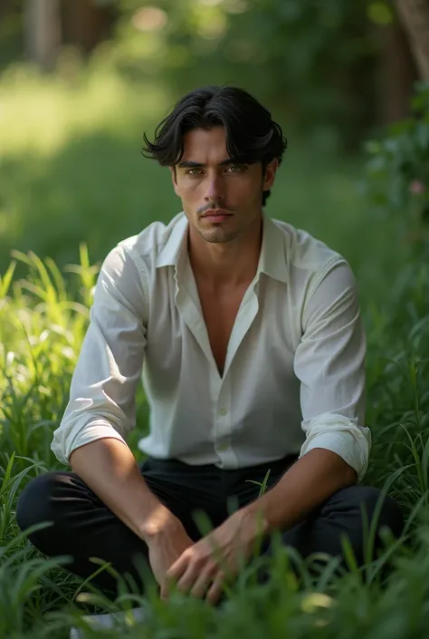 A pretty man, black hair, green eyes, sitting on the grass