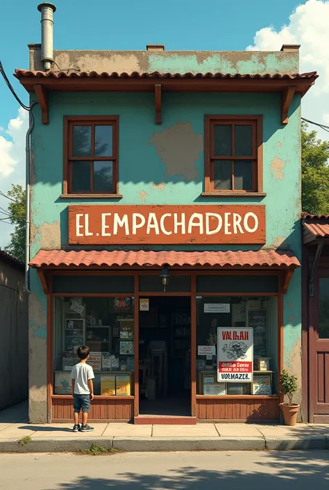 Two-story store El Empachadero with a for sale sign with a child watching
