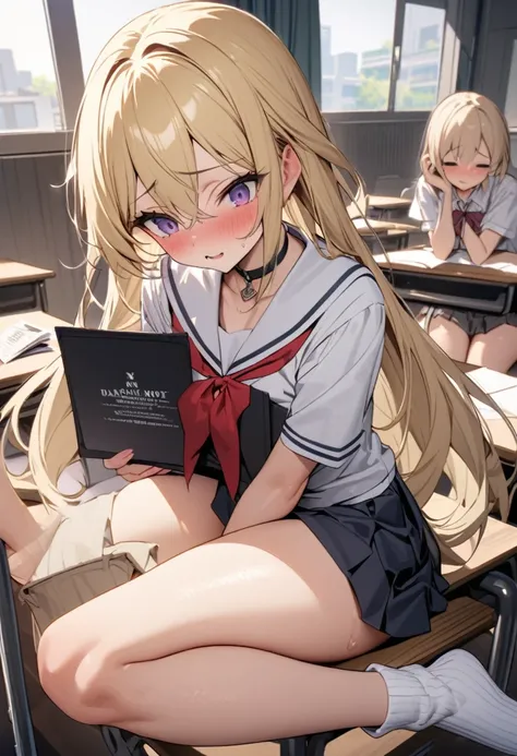 NSFW, White ribbed ankle socks Highly detailed. Build something amazing, Black choker, Blonde、A cheeky high school girl who looks down on adults.classroom、Homeroom.I received my slave notice in front of everyone and I was in despair..