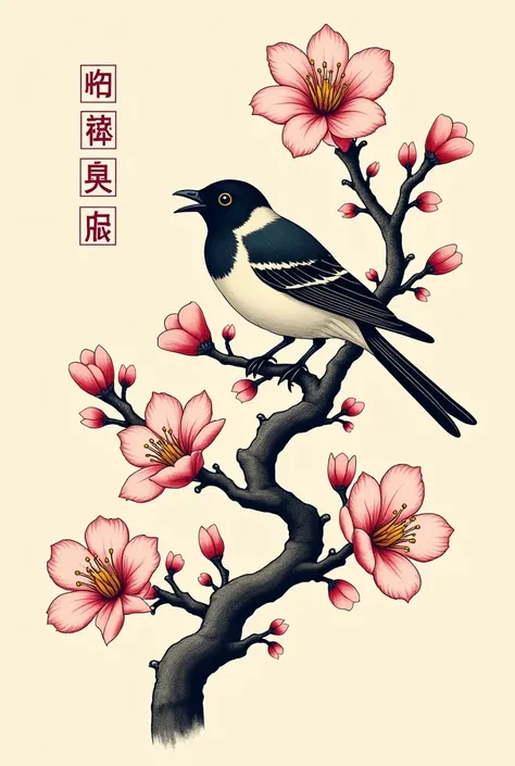 Bird on top of a cherry blossom branch tattoo design in old school style , more details on the cherry branch