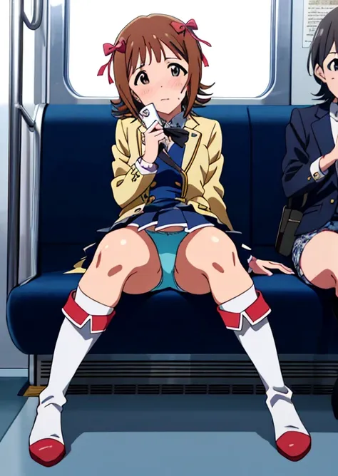 Official Anime Style、High image quality、The Idolmaster、Haruka Amami、Short Bob、ribbon、sit in a train seat、Lace panties、Stage Costumes、Long boots、blush