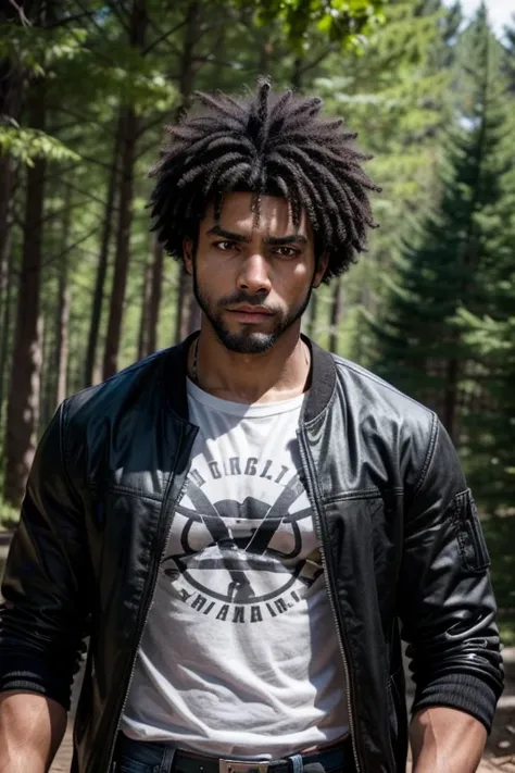 Very handsome male character of approximately 2, dark black skinned afro, Athletic Physique, brown eyes, short and messy black curly hair, short black beard, jeans, black t-shirt, orange schoolgirl style cold weather jacket with black details on top, a woo...