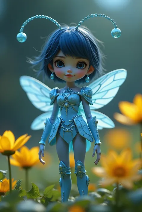 An antropomorphic insect with white skin, two legs, and two arms, standing like a human. She has earrings, a dark blue hair and a light blue princess armor. She is kinda-human like, not that insect. She is with yellow flowers around her. Its night. She is ...