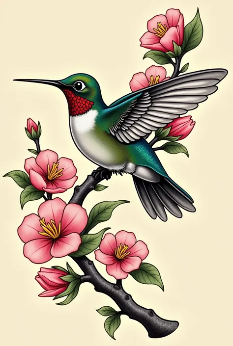 Hummingbird design on top of a cherry blossom branch for old school style tattoo , more details on the cherry branch