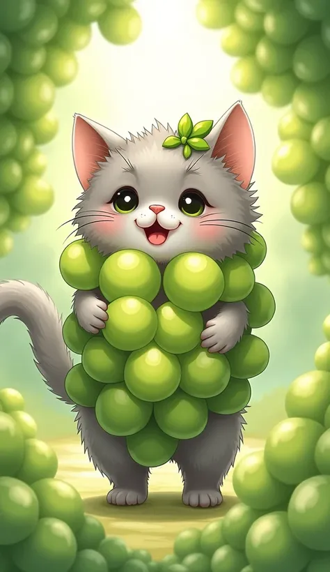 kitten　　He&#39;s wearing agreen grapes costume　Bipedal Grey Fur Cat　A cute girl. There are lots of grapes around her. The cat is cosplaying as a green grape. She has a ribbon on her head.



