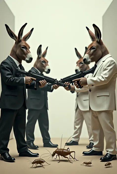 Create donkeys in black suits with AK 47s and cockroaches in white suits with AK 47s shooting each other 