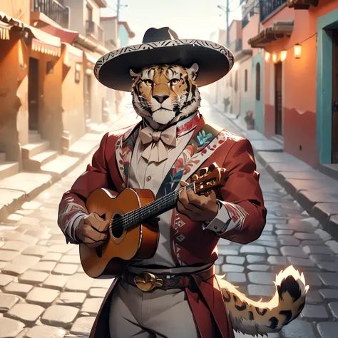 masterpiece, best quality, very aesthetic, absurdres, BREAK noise reduction, BREAK [face:full body:10], looking  away, from above, mariachi, plump middle-aged mexican jaguar man, fluffy body, tail, brown eyes, beautiful beard, male face, big face, square j...