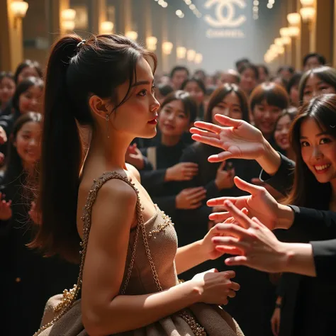 Korean girl at a Chanel Idol show talking to fans