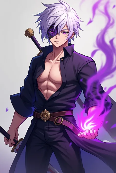 create in anime style a young man with white hair and purple highlights, purple eyes, he wears a sword at his waist, somewhat strong physical build, he wears a doctor strange style outfit, This outfit has a predominantly black color with some earth details...