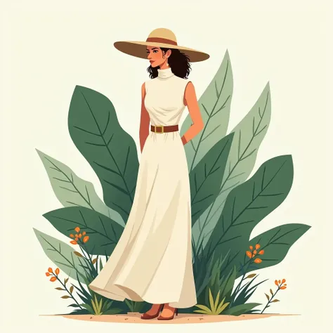 Illustration of a woman in a hat and dress standing in front of a plant, in style of digital illustration, Illustration style, Digital illustration, woman with hat, minimal art style 