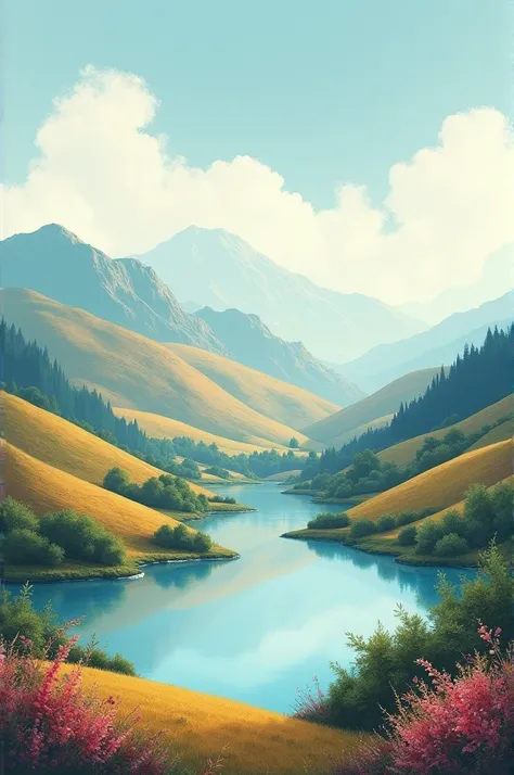 Can you create a landscape painting for me with brown colors?, light blue and dark blue, white, orange, negro 