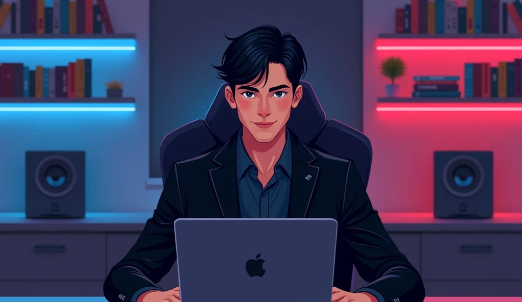 “Male gamer character, he is wearing a black suit. It&#39;s night. He is sitting behind his laptop in his studio. Arms on your desk. The room is like a games room with LED and bookshelf. He faces the camera looking at the straight and centered central port...