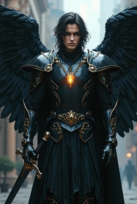 Handsome, masculine, male, dark angelic figure with long, tousled hair, blue eyes, wearing an elaborate black armor with gold accents. A sword in their right hand. A glowing pendant hangs from their neck, casting a warm light. They stand with black feather...