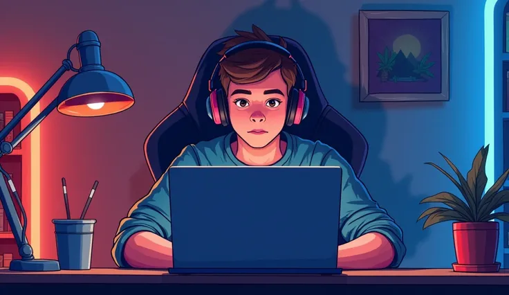 “Male gamer character with headphones, is wearing casual clothes . It&#39;s night. He is sitting behind his laptop in his studio. Arms on your desk. The room is like a games room with LED and bookshelf. He faces the camera looking at the straight and cente...