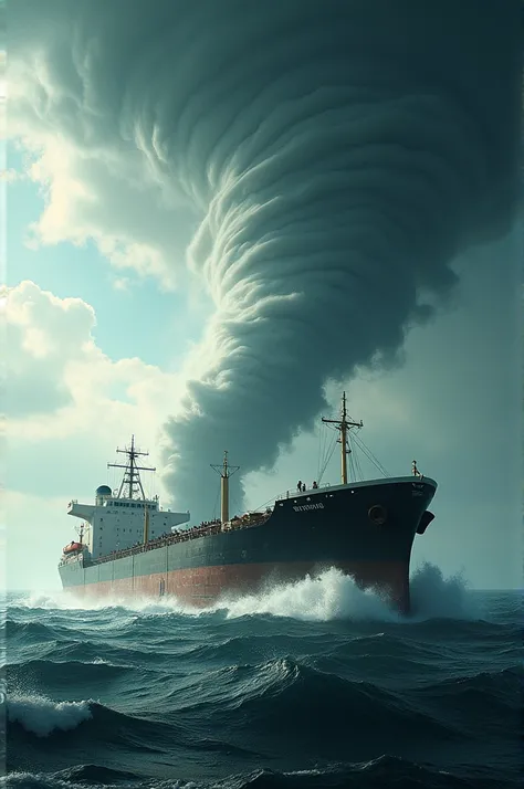 A tornado in the ocean is about to destroy an oil tanker. In a low angle shot