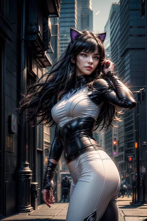 (masterpiece, best quality:1.2), cowboy shot, blake belladonna, cat ears, white shirt, detached sleeve, yoga pants, night, stars, cyberpunk city, crowd, (masterpiece,stunning girlfriend, (standing:1.1), heart shaped face, elegant face, beautiful face, high...