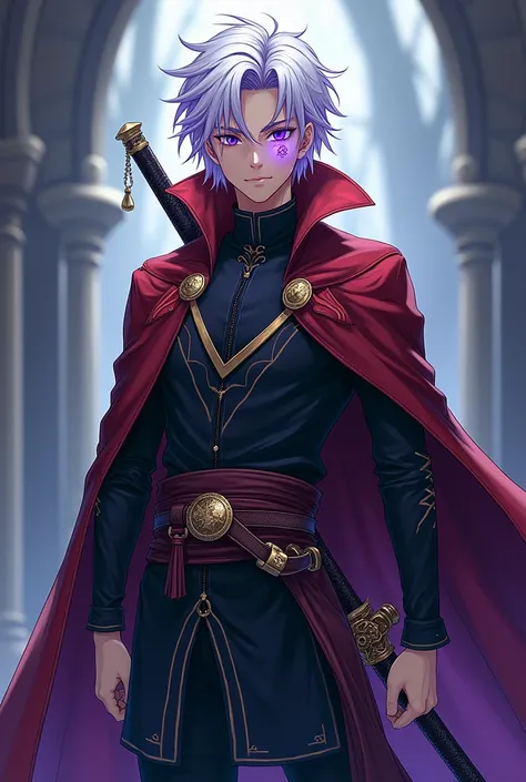 create in anime style a young man with white hair and purple highlights, purple eyes, he wears a sword at his waist, somewhat strong physical build, he wears a doctor strange style outfit, This outfit has a predominantly black color with some earth details...