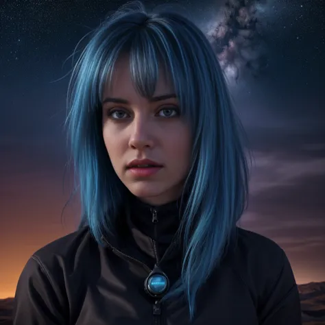 a photo of a young woman with blue hair and bangs floating in space, piel detallada, sudorosa, long detailed hair blowing in the...