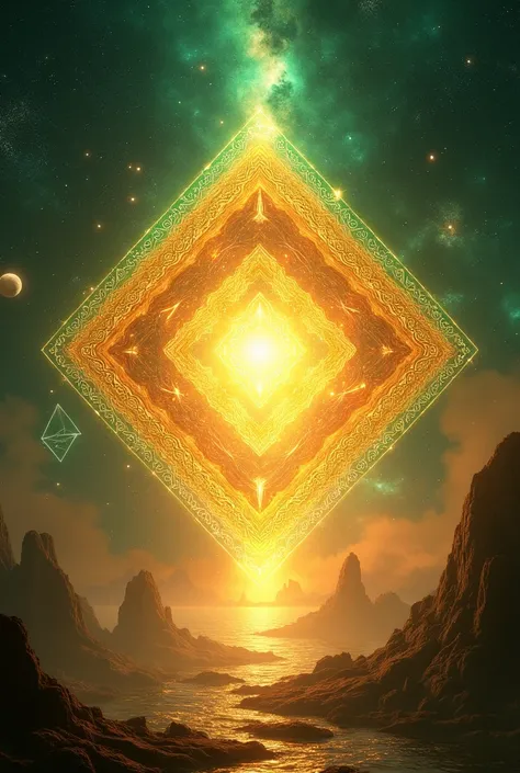 A solar portal, diamond-shaped. That emanates a golden solar light. The edges of the portal are worked with geometries in shades of emerald green. Behind the portal is the stellar cosmos. 