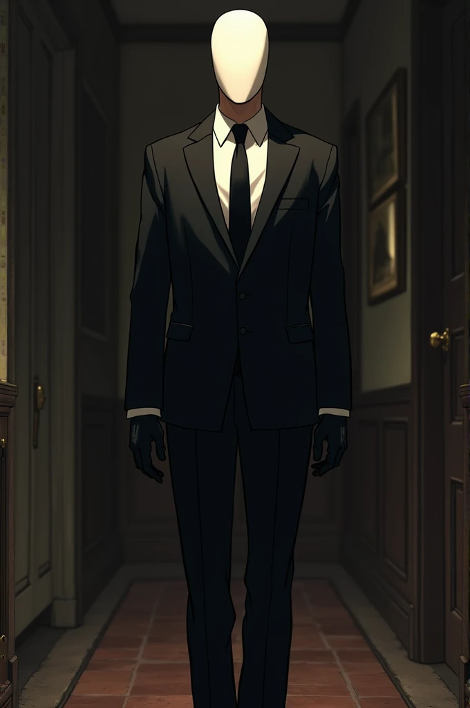 Man in black suit with white mask for a serial killer and the image is old anime 
