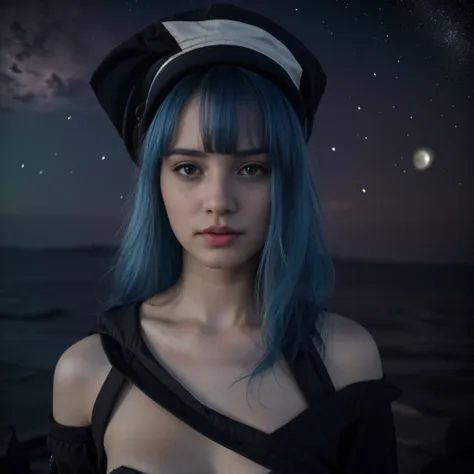 a photo of a young woman with blue hair and bangs floating in space, piel detallada, sudorosa, long detailed hair blowing in the...