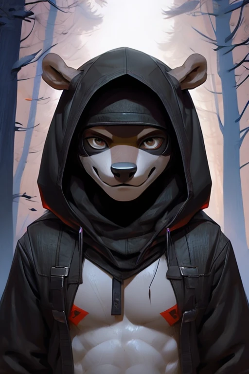 a brown guy with a black hood and letters "a" On the chest. in a forest