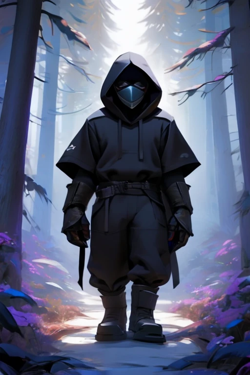 a brown guy with a black hood and letters "a" On the chest. in a forest