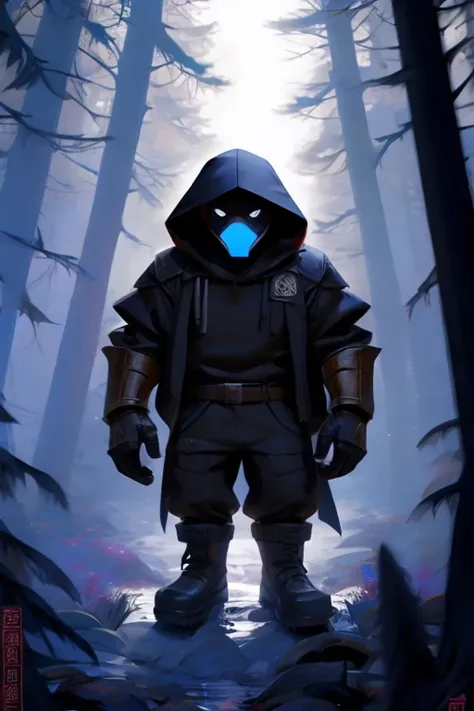 a brown guy with a black hood and letters "a" On the chest. in a forest