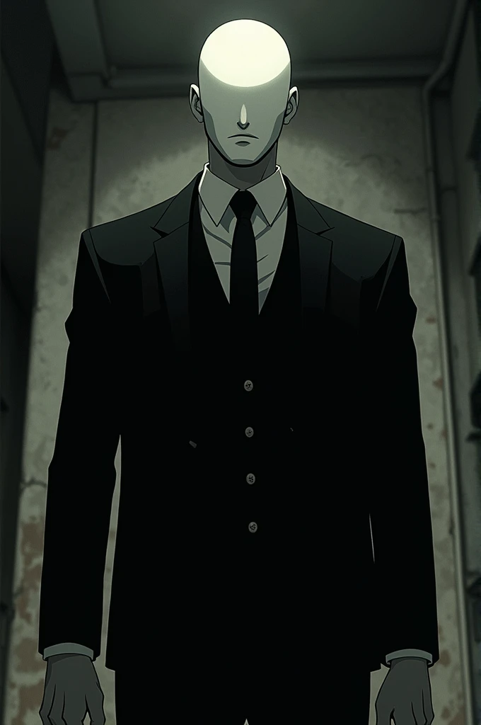 Man in black suit and white mask for a serial killer and the image is like old anime 