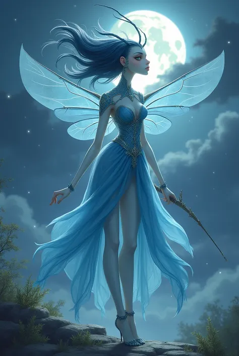 An antropomorphic insect with white skin, two legs, and two arms, standing like a human. She has earrings, a dark blue hair and a light blue princess armor.  She holds an unbrella and its night.