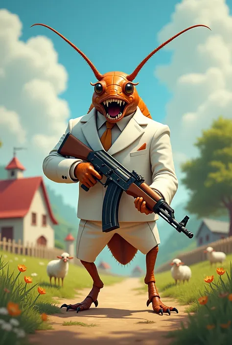 Create an angry white-suited Cockroach using an AK-47 at Disney Farm 