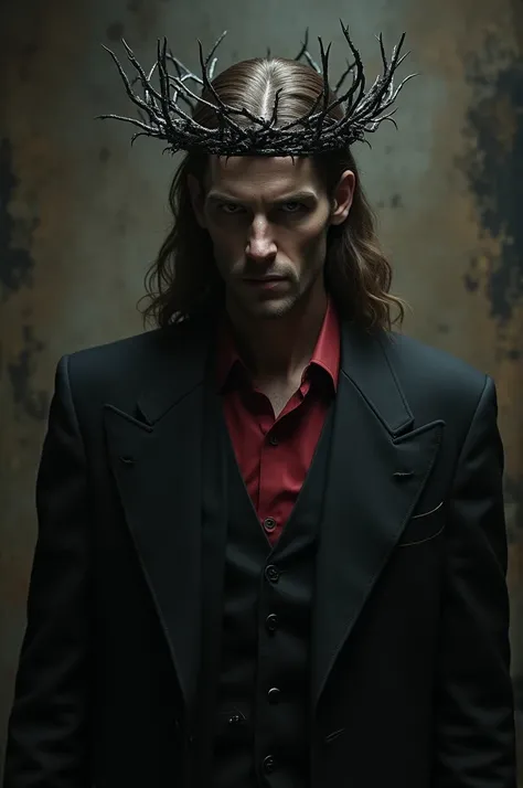 Create a realistic horror style image:king black crown he has brown hair a little long and wears a black suit with a tie and a red blouse underneath the suit