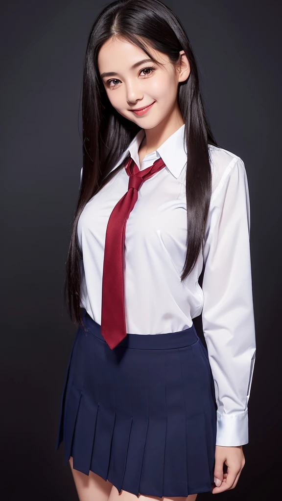 (Super Real:1.6), (best quality:1.6), (8k:1.4), (super detail:1.4), (1girl), (White school uniform blouse), (Navy blue school uniform skirt), (Dark red tie), (Front facing), (Small breasts), (Long black hair), (smile), (Standing), (upright), (Plain backgro...