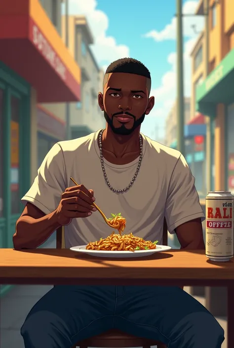 A black man, he has black hair and black eyes, buzzcut hairstyle, he wears an oversized t shirt and a jeans pants, he is sitting, a plate in front of him, he is eating, anime style, realistic wide shot 