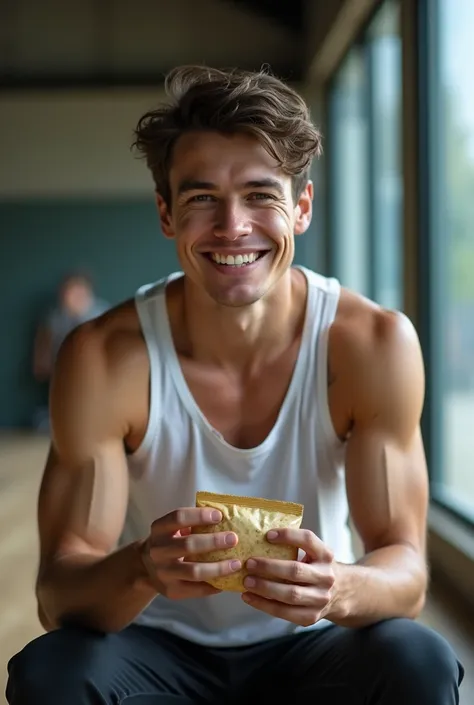 Young male athlete, discreet smile, in his 20s, after regular training day, sitting on the bench in the sport hall, wearing sleeveless t-shirt, sweaty, holding pouch of snacks, to regain energy, hyperdetailed photography, side low angle shot, depth of fiel...