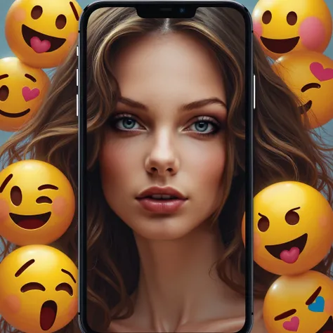 a hyper realistic portrait of a woman surrounded by emoji, with the blurred edge of a smartphone frame