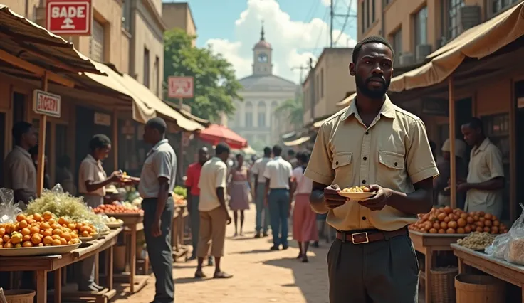 Black people working in Liberia 1930 in the city where a food market and a business work environment can be seen, person eating