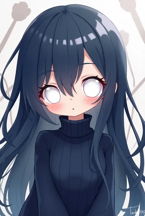 Create a female Chibi style character, with long dark blue hair, completely white eyes,with a dark blue thin turtleneck sweater