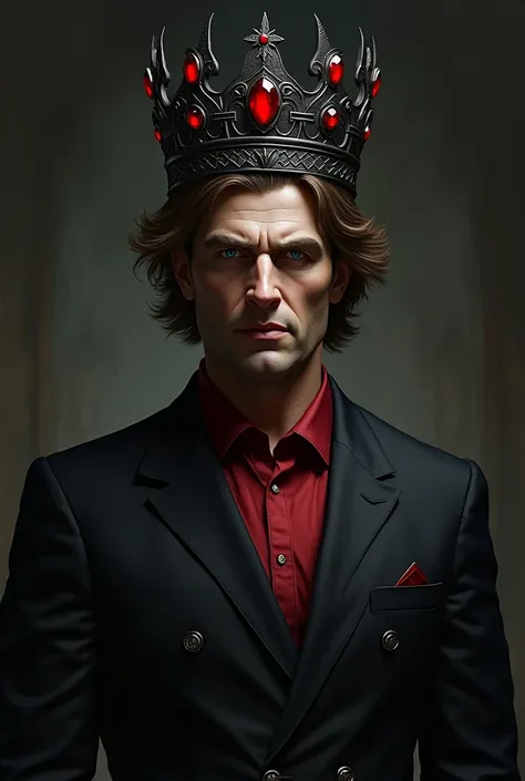 Create a realistic horror style image:king black crown with red jewels he has brown hair and wears a black suit with a tie and a red blouse underneath the suit