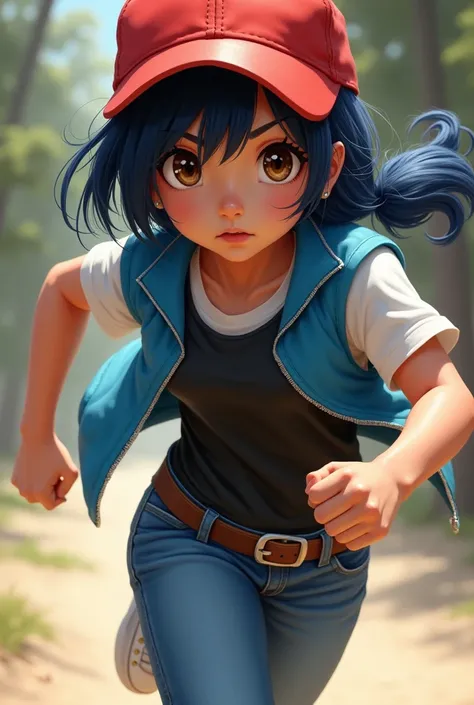 Draw a 1 girl with the following characteristics:
White skin Blue-black hair Light brown eyes Red cap with white Blue vest with white sleeves and collar Black T-shirt tucked in Blue jeans with a brown belt White tennis shoes And make him sweat