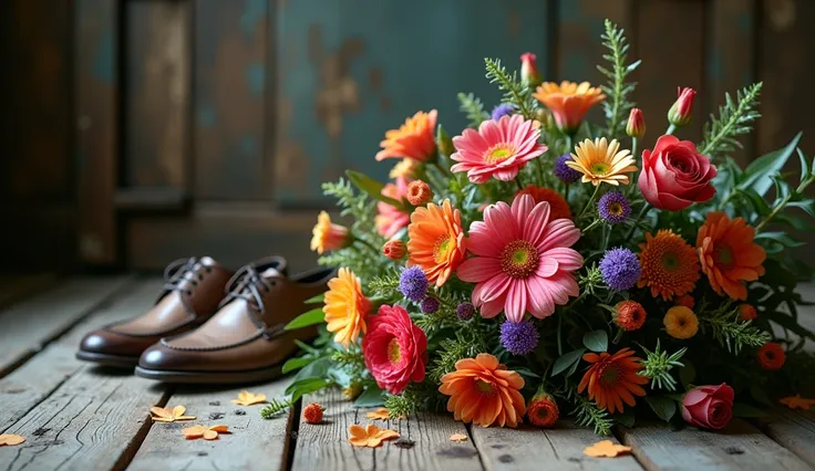 Very beautiful flowers on the floor, and a pair of two men&#39;s shoes, rustic flat, light dark lighting

