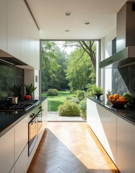 minimalist white kitchen, stainless steel appliances, black exotic veined marble countertop, herringbone wood flooring, fruits, fresh vegetables, doors open to big garden with giant trees