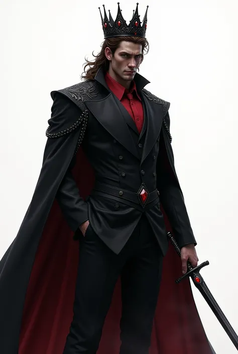 Create a realistic horror style image:king black crown with red jewels he has brown hair and wears a black suit with a tie and a red blouse underneath the suit in the middle of the void white background there in the background holding a sword 