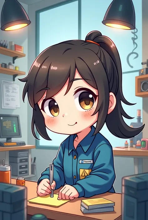 Drawing chibi girl engineer with blue long sleeve shirt working
