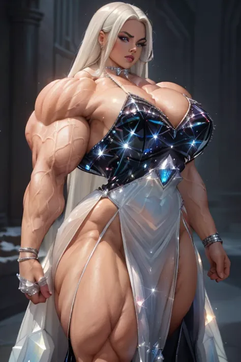 ((Close-up)), tall, (White hair) beautiful muscular woman, long straight hair, brown skinned, closed smile, (black lipstick), (massive muscles), (hyper muscle), ((ginormous bulky muscles)), blue eyes, ((((long white Crystalline Dress)))), (Crystalline fing...