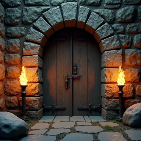 (photorealism:1.2) a wooden dungeon door, in a stone wall, 2 torches by its sides, close up view