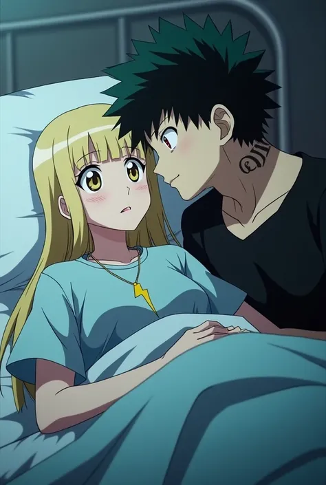 MY HERO ACADEMIA SCREENSHOT, One person lying in a hospital bed while another person is next to them, The first one is a light-skinned girl, blonde hair, long and straight with bangs, slanted golden eyes, with long eyelashes, He has a lightning bolt neckla...